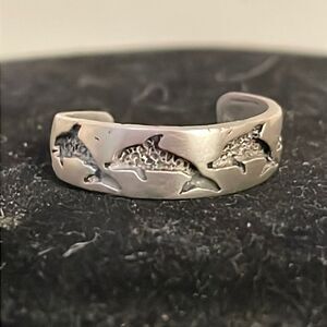 Size 5.5 Silver Hearts stainless steel laser cut dolphin adjustable cuff ring